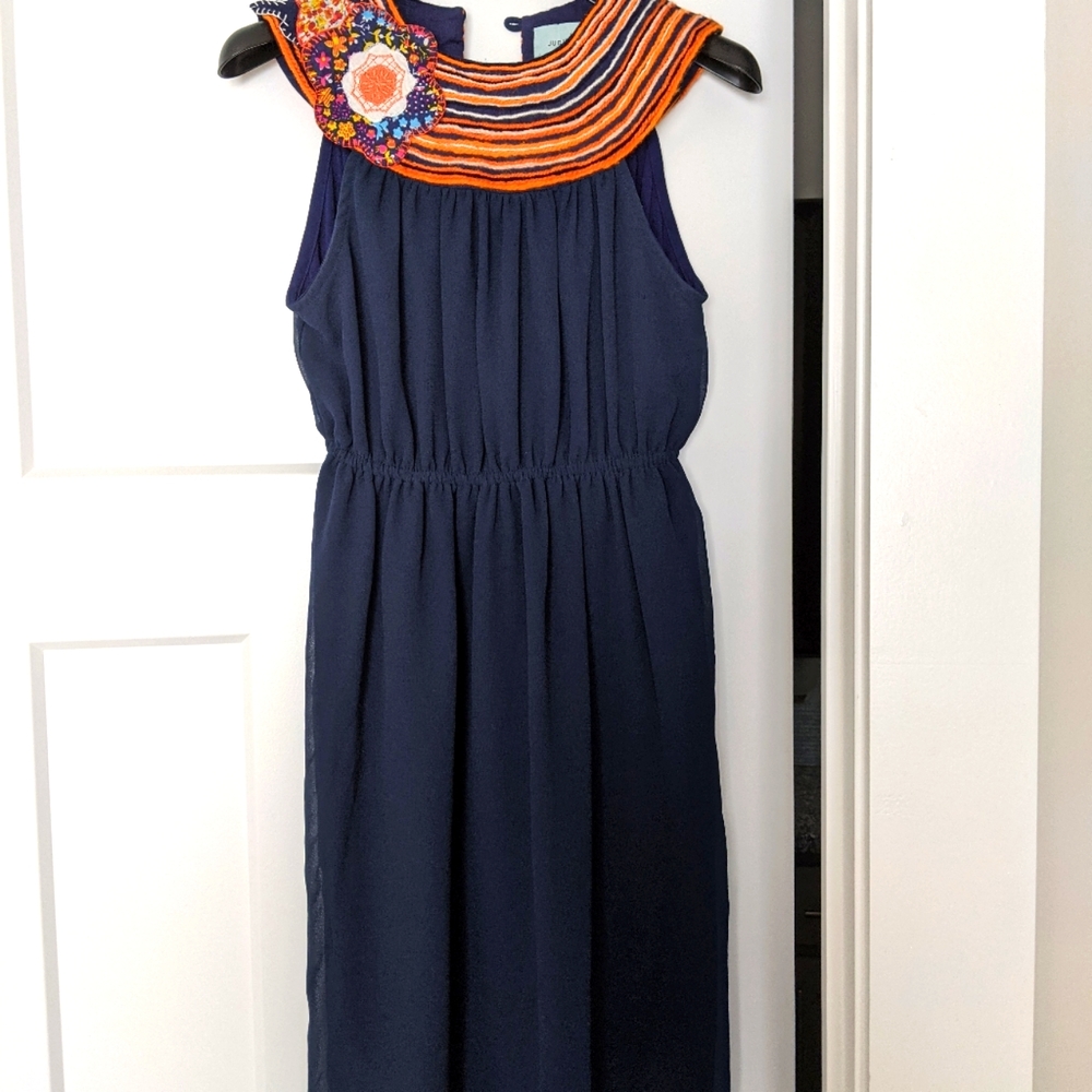 Judith March from Anthropologie, navy dress, collar flower applique, Small